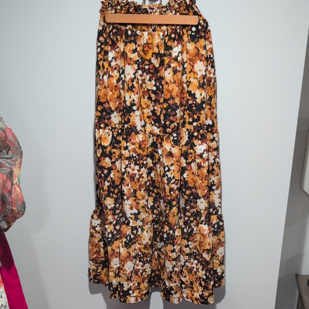 Floral Tiered Maxi Skirt in Mustard and Black
